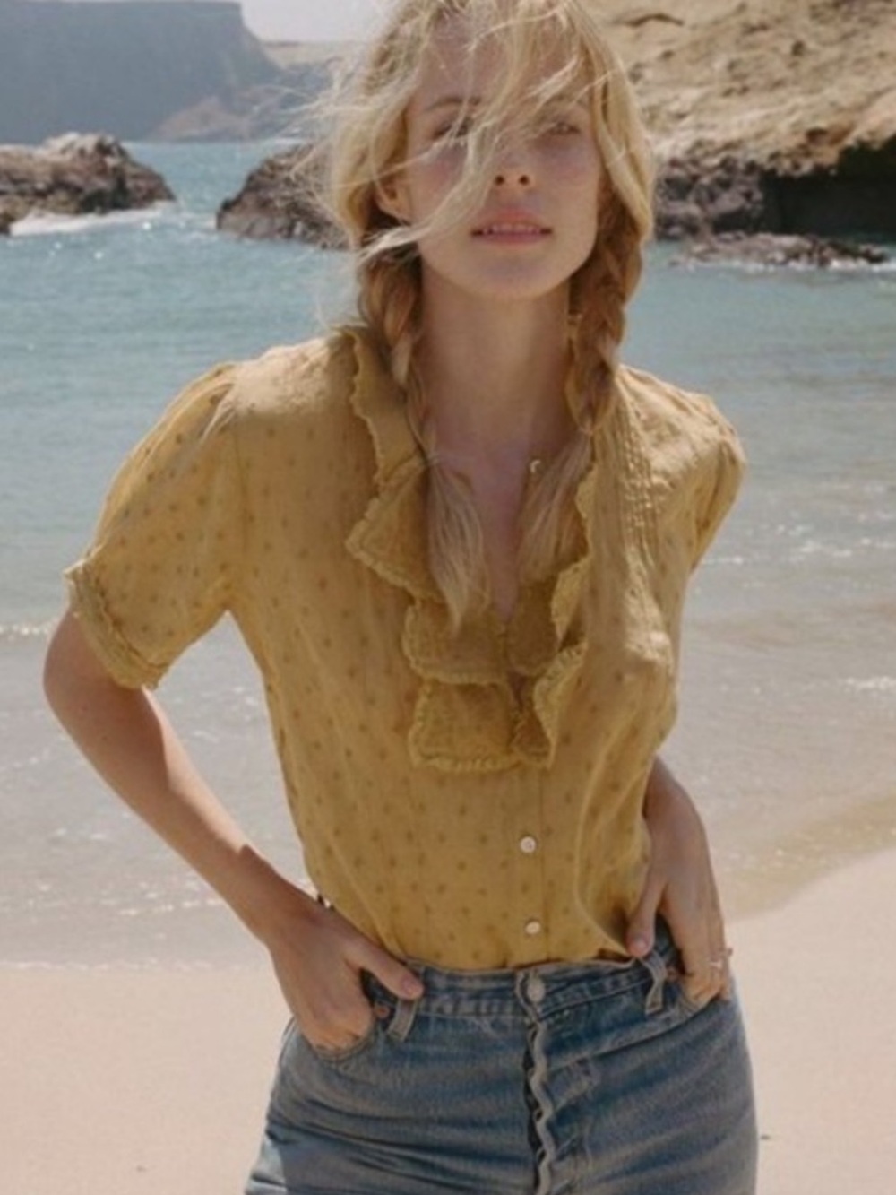 Doen Poppy Top in wheat | Ruffle Swiss Dot Blouse